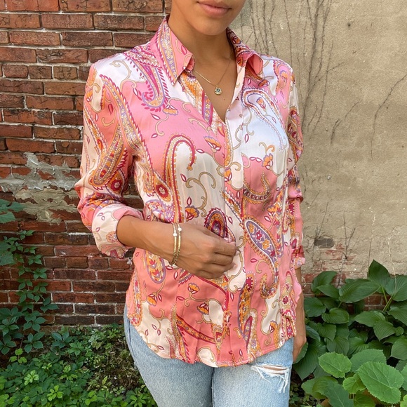 Pink paisley print long sleeve silk button down 6 - Picture 3 of 10